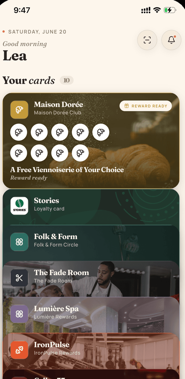 L'application Pointly affichant les cartes de fidélité d'un client
